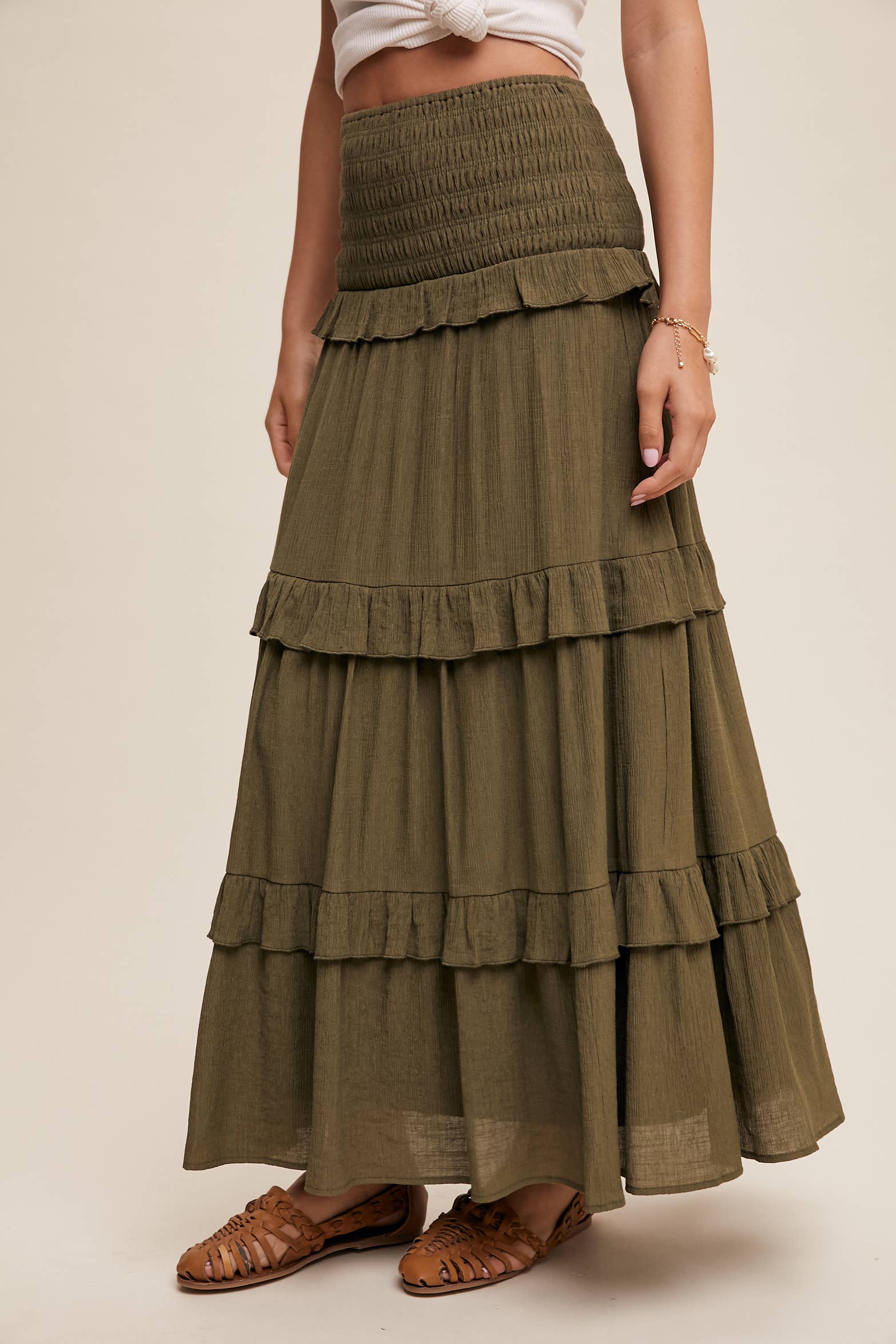 Listicle - Wholesale Skirt - Women's - 2-Way Smocked Ruffle Tiered Midi Dress or Skirt25