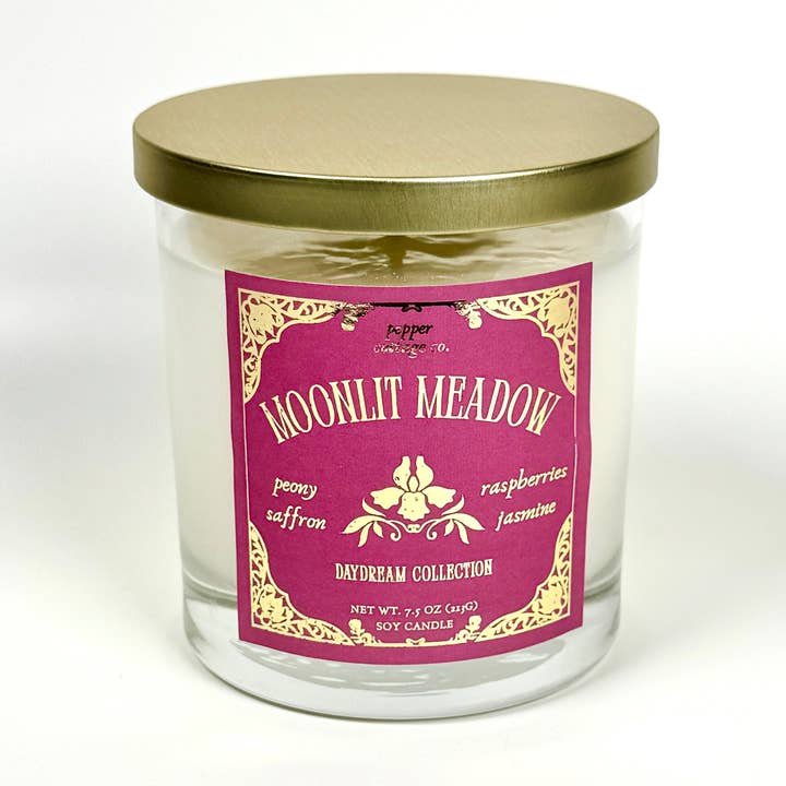 Moonlit Meadow 7.5 oz Soy Spring Candle | Peony, Saffron, Saffron, Jasmine | Daydream Collection Spring Floral Candle for wholesale by Pepper Cottage Co. Candles