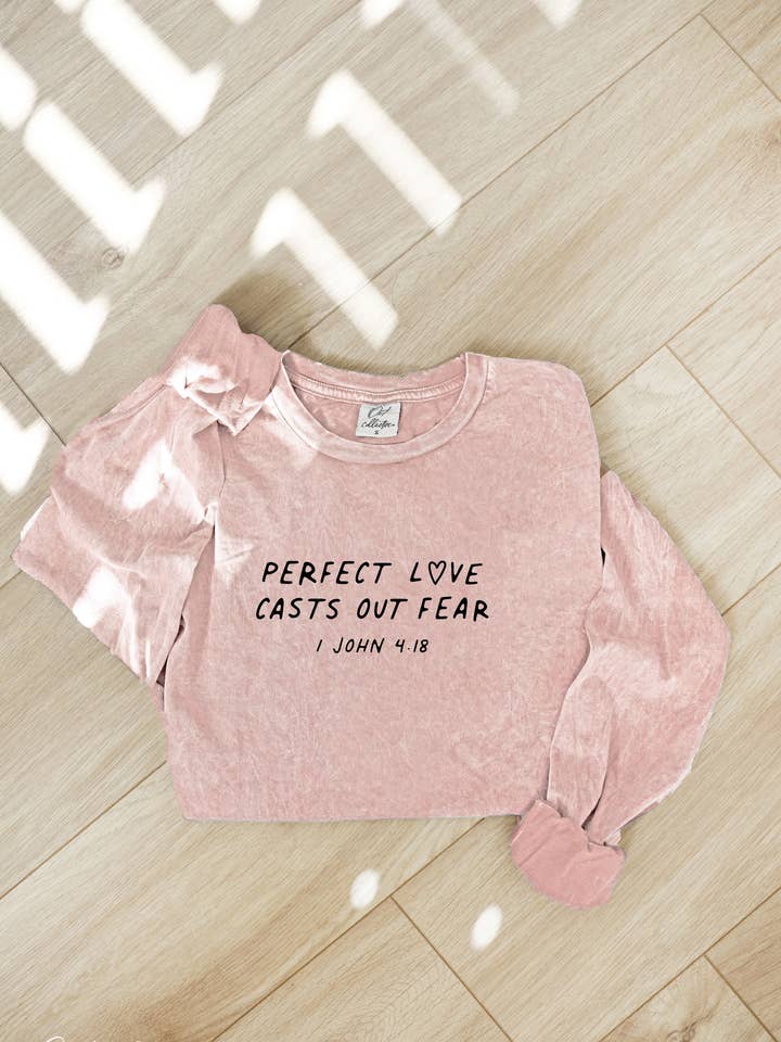 PERFECT LOVE CASTS OUT Mineral Washed Long Sleeve Graphic for wholesale by OAT COLLECTIVE