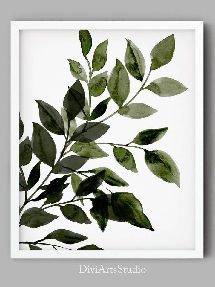 Abstrakter grüner Blattdruck, botanisches Blatt hängende Wandkunst für den Großhandel von DiviArts Studio