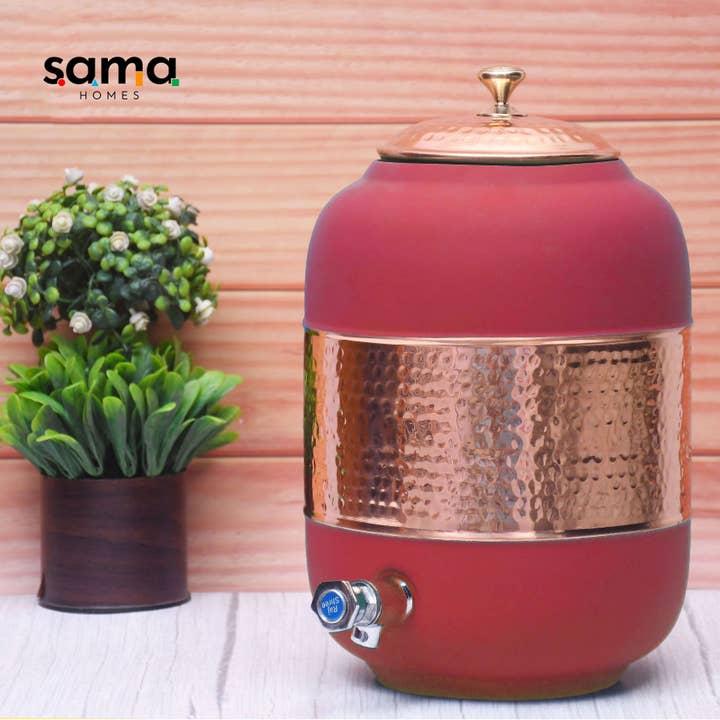 Copper Water Dispenser with Silk Finish and Half Hammered Design 5 & 8 Liter | Colours Available - Red, Blue, Green, Yellow, Black, Gray and other Purchase Wholesale water container. Free Returns & Net 60 Terms on Faire trending on Faire.