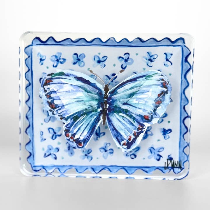 Blue Butterfly on Floral Block for wholesale by Lauren Dunn