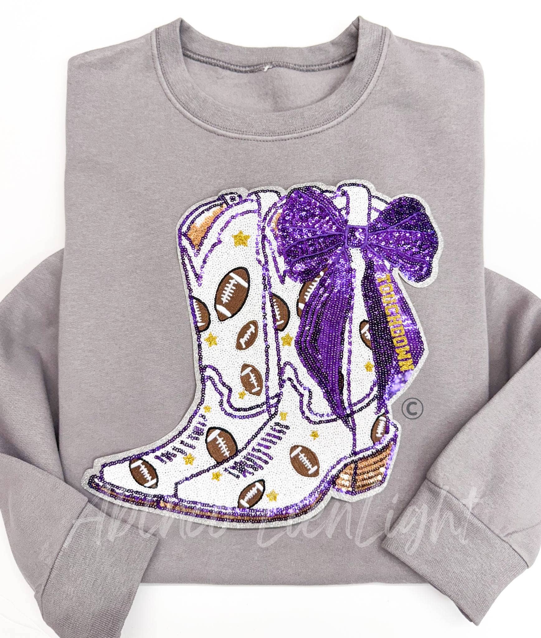 ABLNco - Wholesale Patch - Football Touchdown Purple Bow Boot Sequin Patch - Large  1
