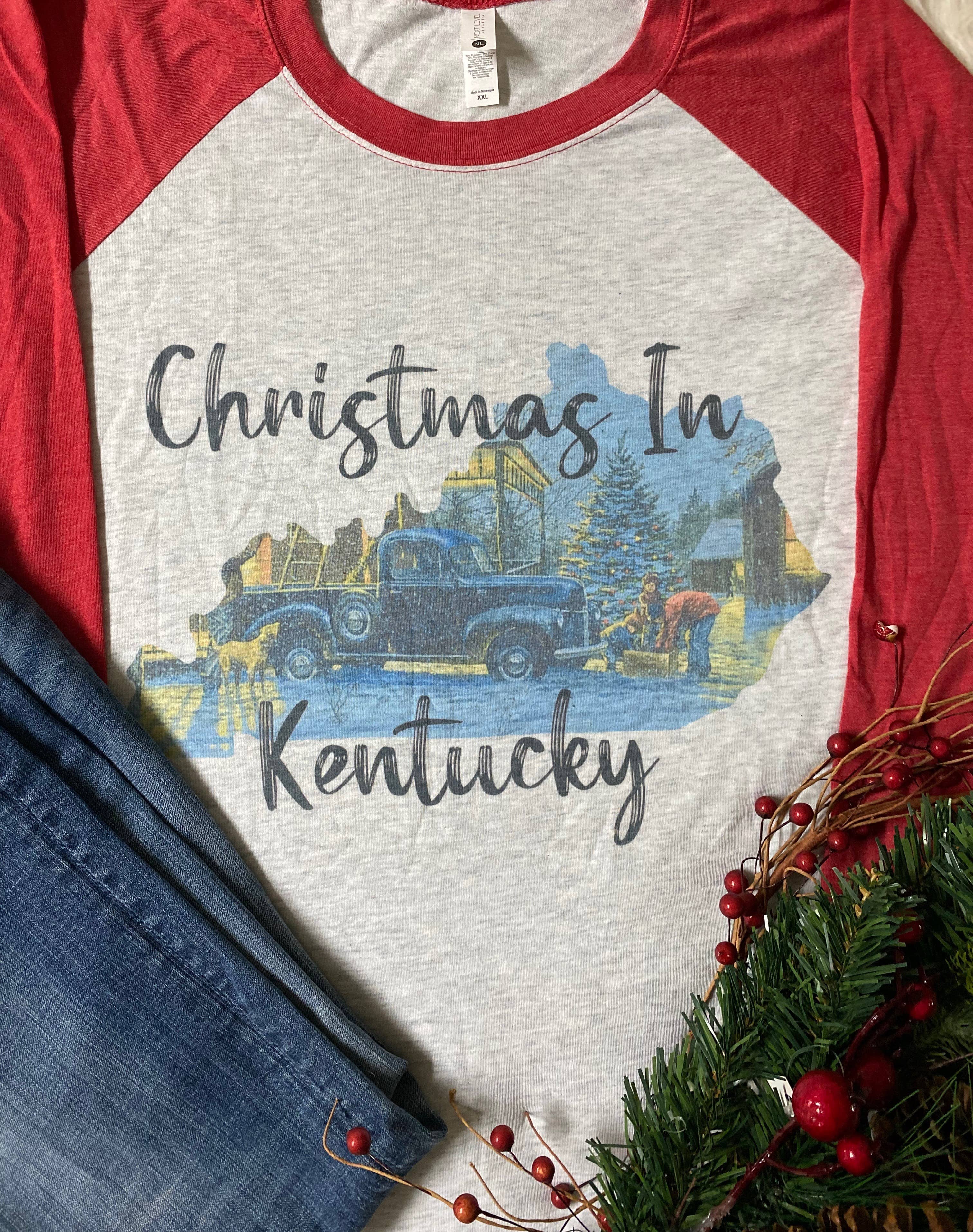 Neat Creations - Wholesale Screen Printed T-Shirt - Women's - Christmas in Kentucky KY Raglan Sublimation