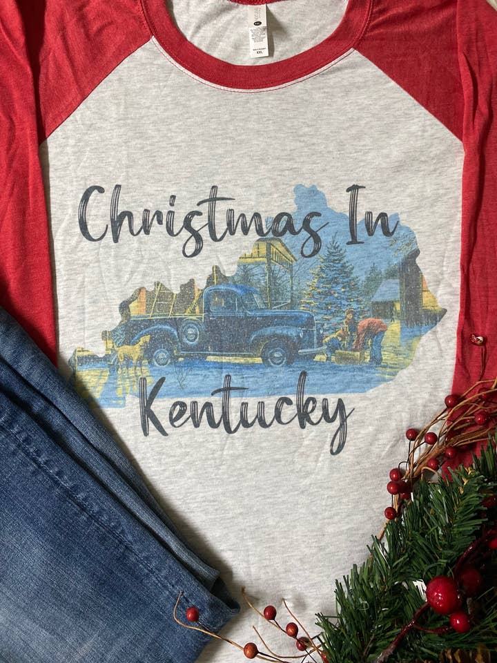 Neat Creations - Wholesale Screen Printed T-Shirt - Women's - Christmas in Kentucky KY Raglan Sublimation0
