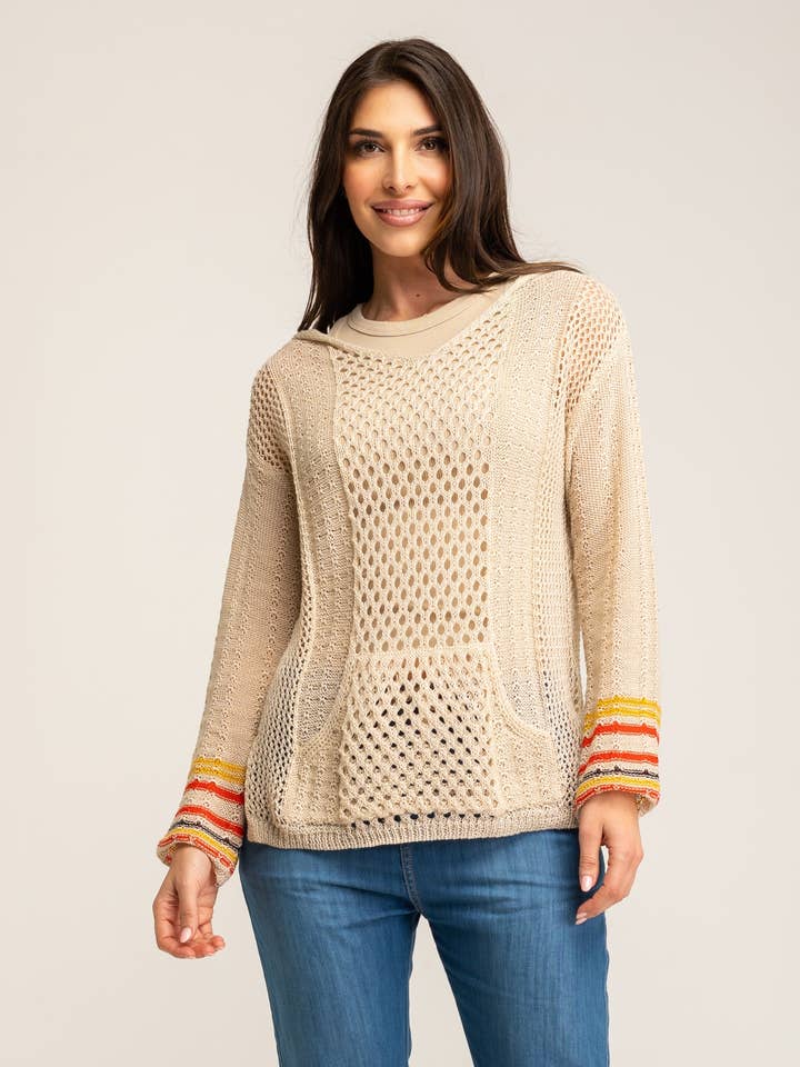 PLAIN CROCHET SWEATER WITH POCKETS DECORATED WITH STRIPES EL2611J for wholesale by Peace & Love (CALAO IMPORT EXPORT S.L.)