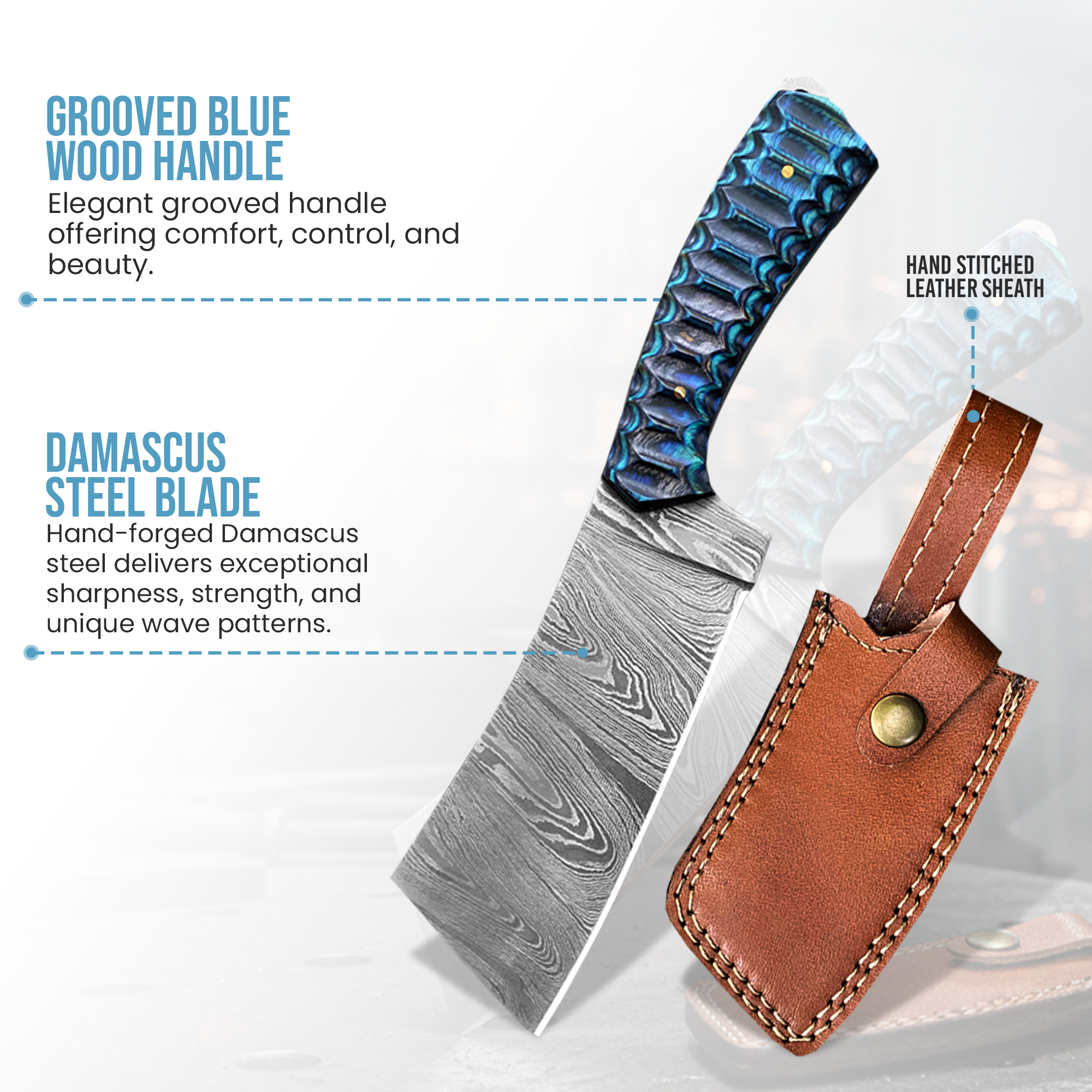 FH KNIVES - Wholesale Pocket Knife/Holder - 8.25' Handmade damascus Cleaver knife with leather sheath  1