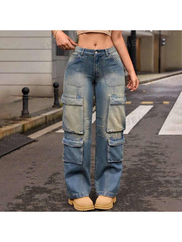 BLUE VINTAGE WASH HIP HOP MULTI-POCKET CARGO JEANS for wholesale on Faire