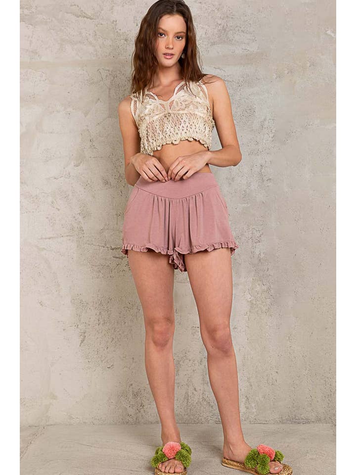 Pol Clothing - Wholesale Shorts - Women's - Back Elastic Waistband Ruffle Trim Knit Shorts