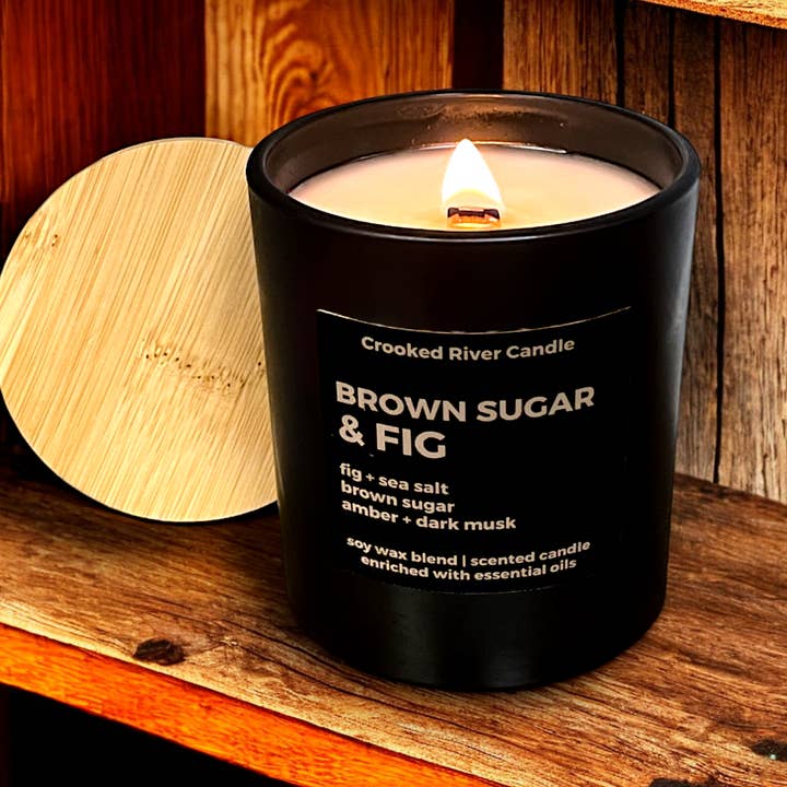Brown Sugar & Fig Candle – Matte Black Jar w/ Bamboo Lid for wholesale by Crooked River Candle