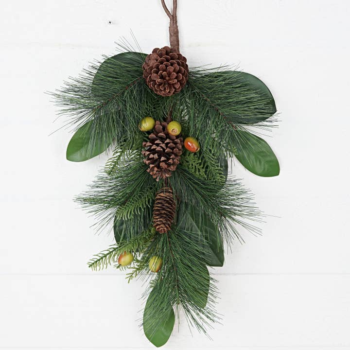 31762- 27inL x 14inW Teardrop -Evergreen needle pines w. Ros for wholesale by Impressive Enterprises, Inc.