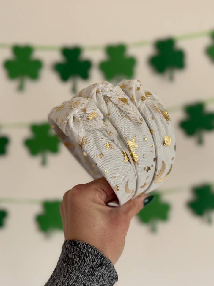 Gold Stars Mesh Top Knot Holiday Christmas Headband for wholesale by Brynnbands