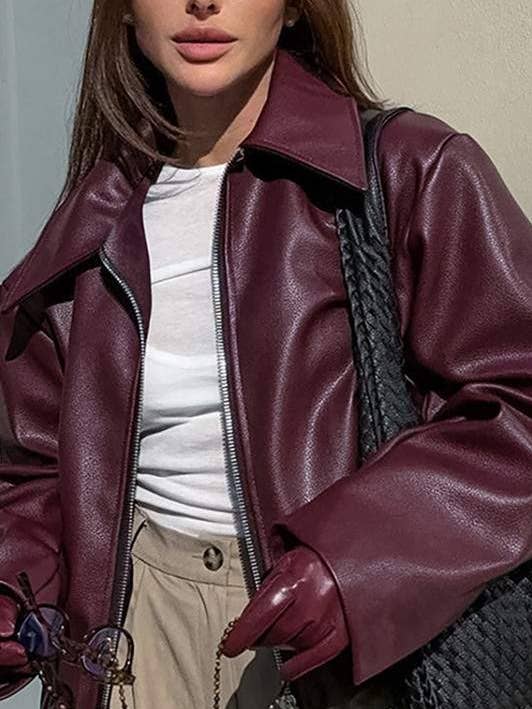 casual cropped jacket, vintage faux leather design for wholesale by Fashion Combination