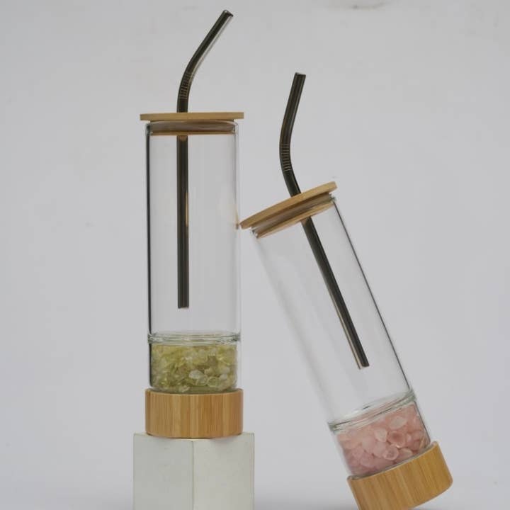 Earth's Gems Boutique - Wholesale Water Bottle - Gemstone Glass Water Bottle Cup with Metal Straw