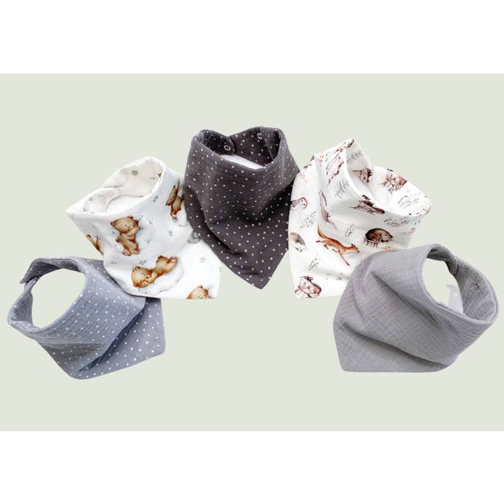 Vattentäta bandana haklappar - grå djur för wholesale av Natural Cuddles