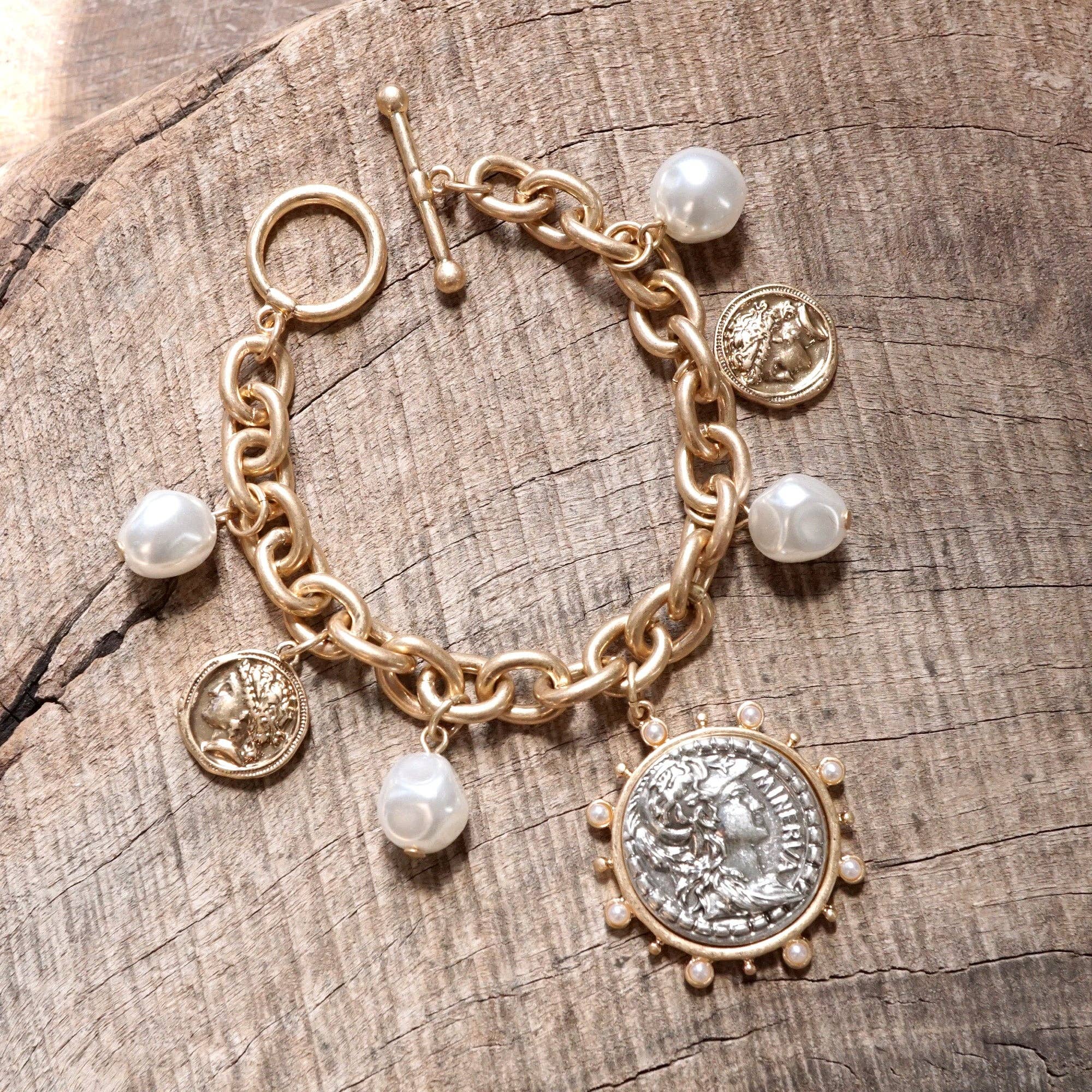 PennyLine inc - Wholesale Charm/Dangle Bracelet - Boho Coin and Pearl Charms Statement Bracelet – Gold and Silver Tone5