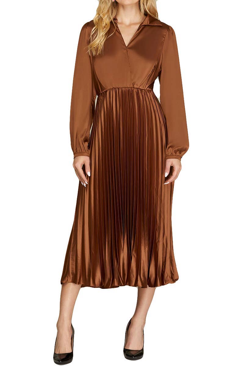 Vanilla Monkey - Wholesale Dress - Women's - Surplice Long Sleeve Woven Satin Pleated Midi Dress1
