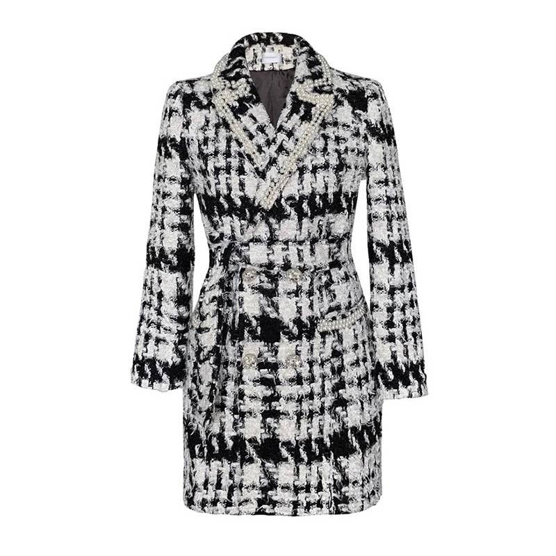 Multi Colored SY374 Handmade Beaded Belt Black & White Checkered Wool Coat for wholesale on Faire5