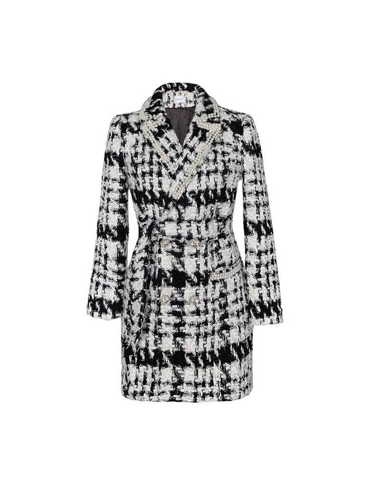 mehrfarbig SY374 Handgefertigter Perlengürtel Schwarz-Weiß karierter Wollmantel für den Großhandel auf Faire5