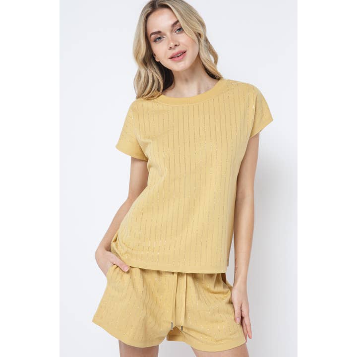 STRIPE MOTIF STUD DROP SHOULDER SHORT SLEEVE TOP for wholesale by VOCAL