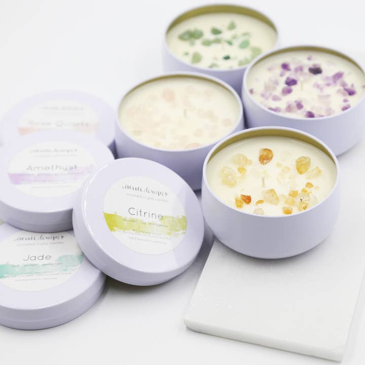 Acute Designs - Wholesale Travel candles - Crushed Crystal Candle -Amethyst, Rose Quartz, Citrine, Jade1