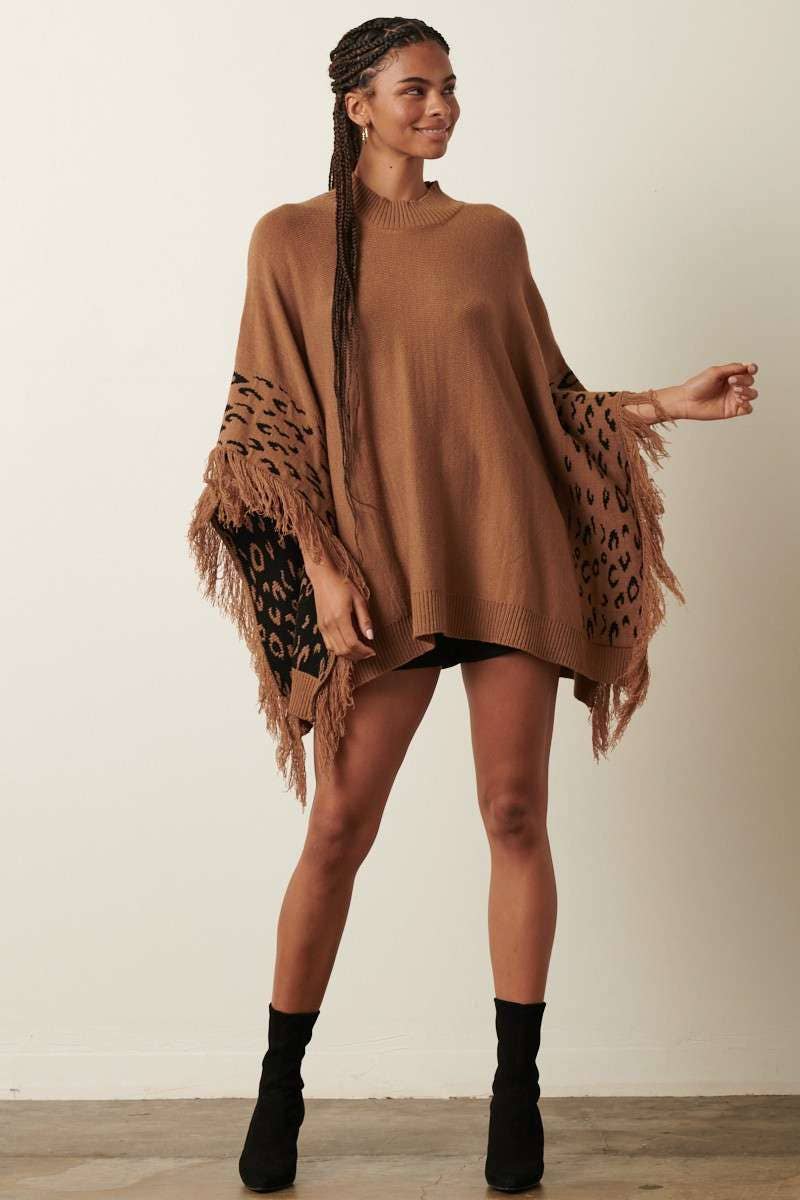 mittoshop - Wholesale Poncho - Women's - ANIMAL PRINT DETAIL TASSEL OVERSIZED PONCHO11