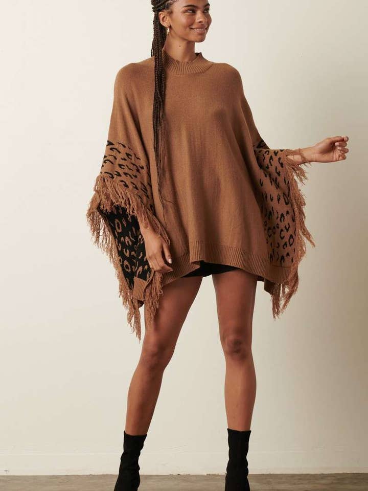 mittoshop - Wholesale Poncho - Women's - ANIMAL PRINT DETAIL TASSEL OVERSIZED PONCHO11
