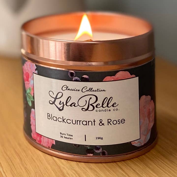 Blackcurrant & Rose Tin Candle for wholesale by Lyla Belle Candle Co.