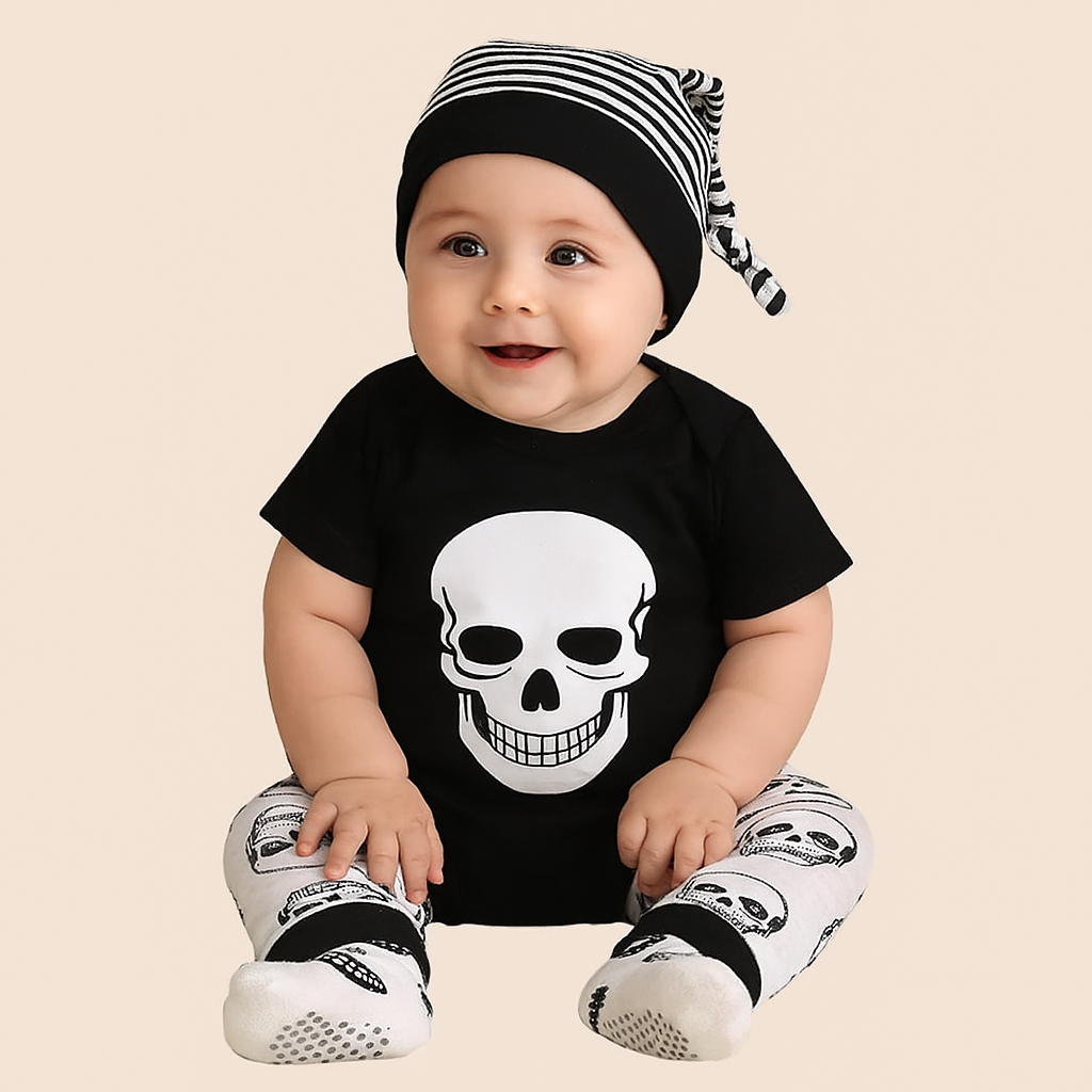 Fennco Styles – wholesale Clothing set – Baby – Black & White Skull Halloween 5pcs Baby Outfit4