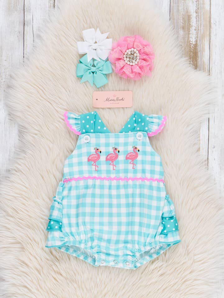 Marie Nicole Clothing - Wholesale Bodysuit (Non-Footed) - Baby - Gingham Embroidered Flamingo Party Ruffle Bubble