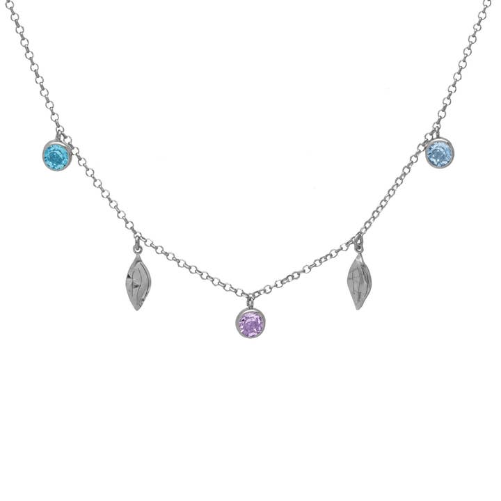 Collar corto hoja con cristal multicolor en Plata baño Oro para venta al por mayor de Victoria Cruz