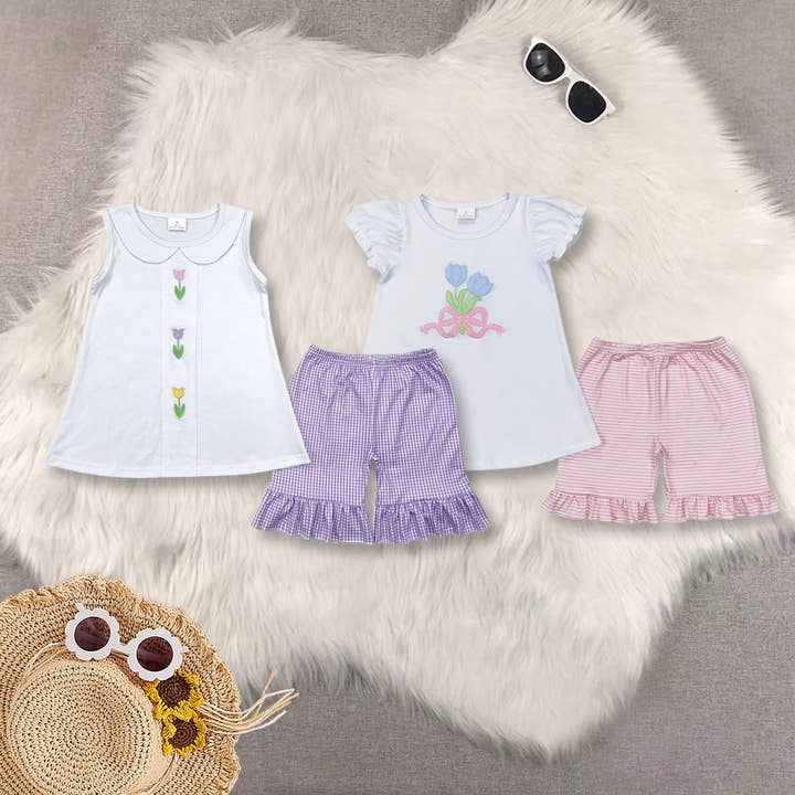 Sibling Embroidery Baby Girls Flowers Bows Tops Ruffle Shorts Clothes Sets for wholesale by Aier Wholesale