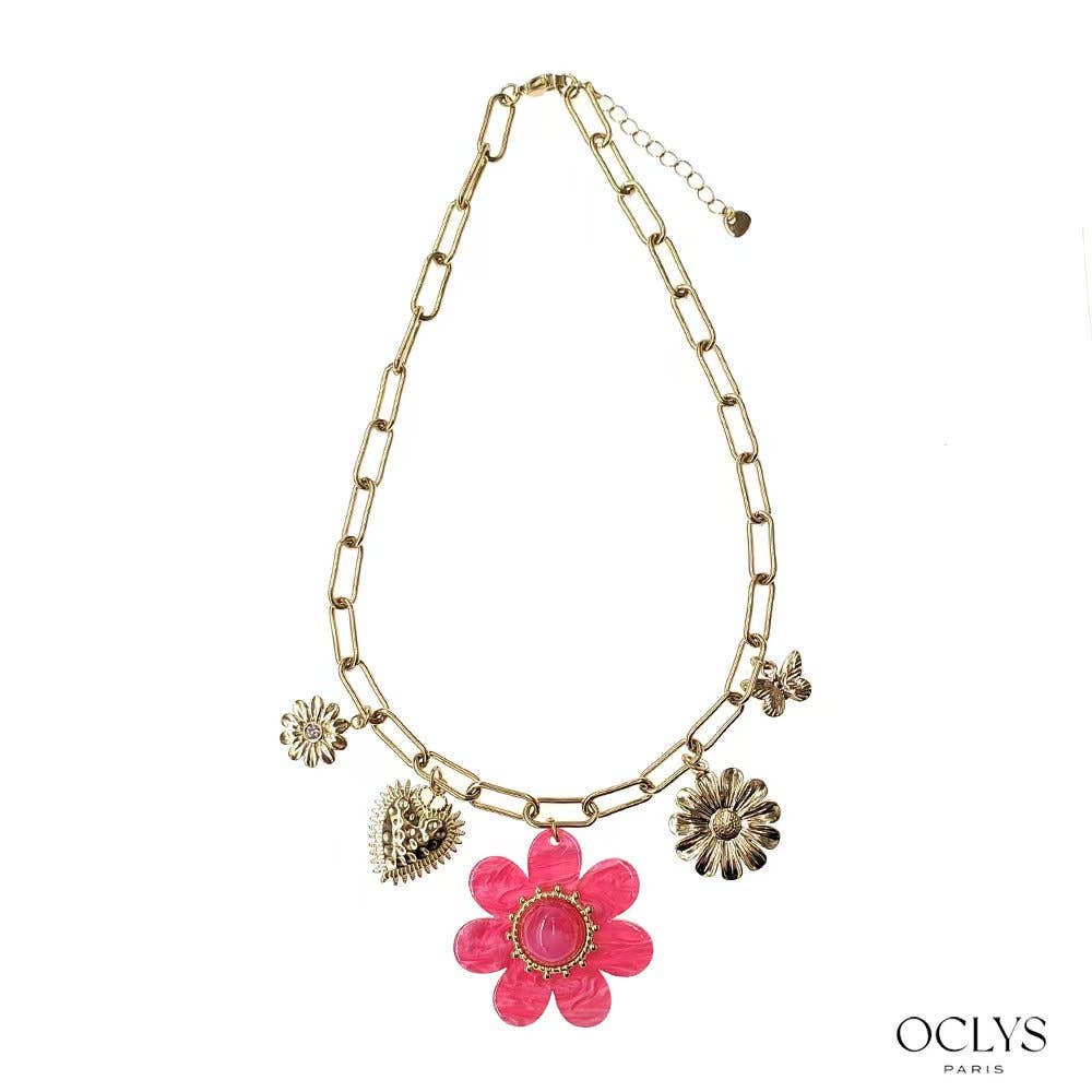 Oclys - Wholesale Pendant/Charm Necklace - Golden chain necklace with flower charms in stainless steel Aki1