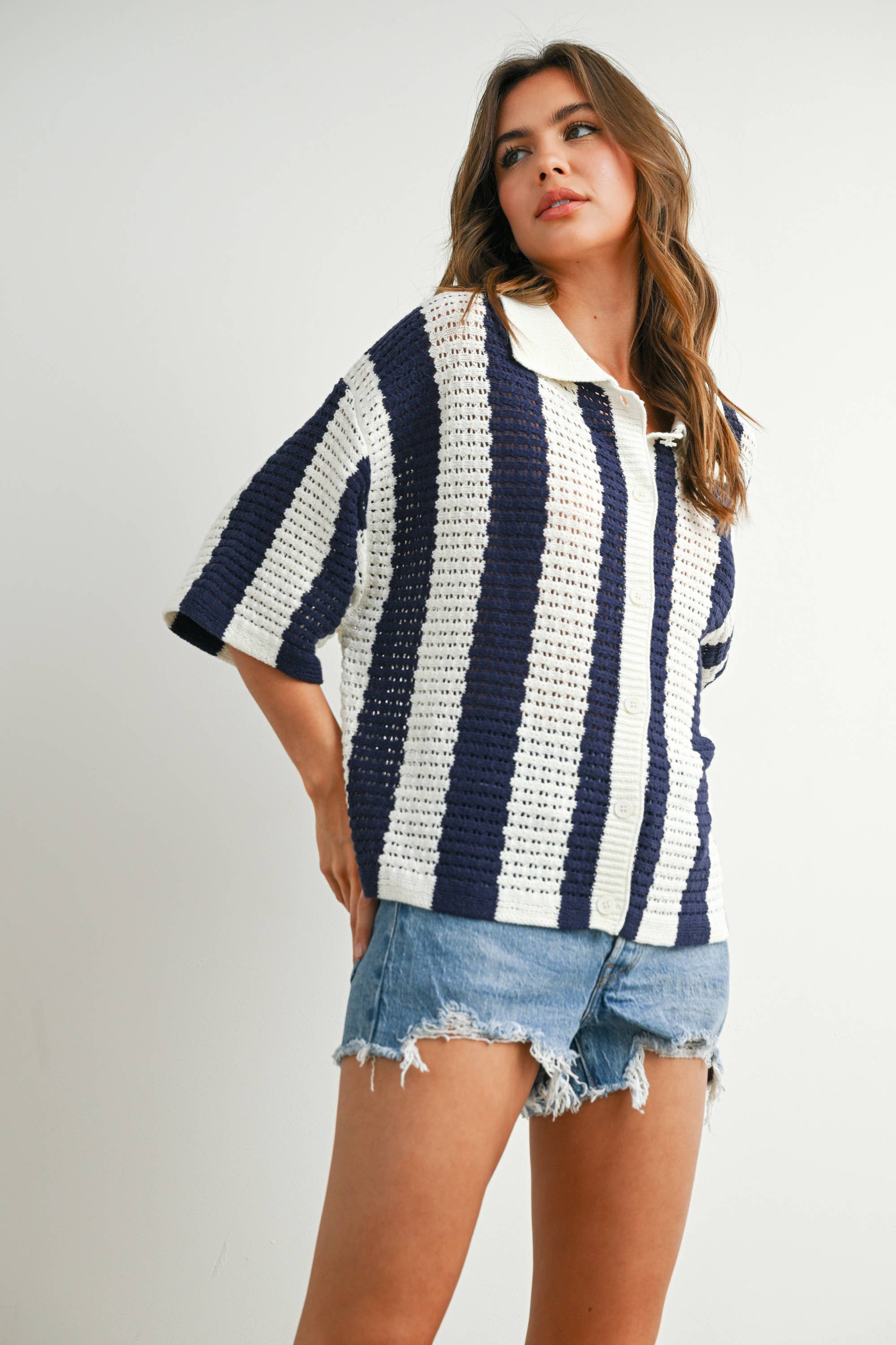 BUTTERMELON - Venta al por mayor Jersey de punto - Mujer - Jersey de Punto a Rayas con Botones - BMW77428