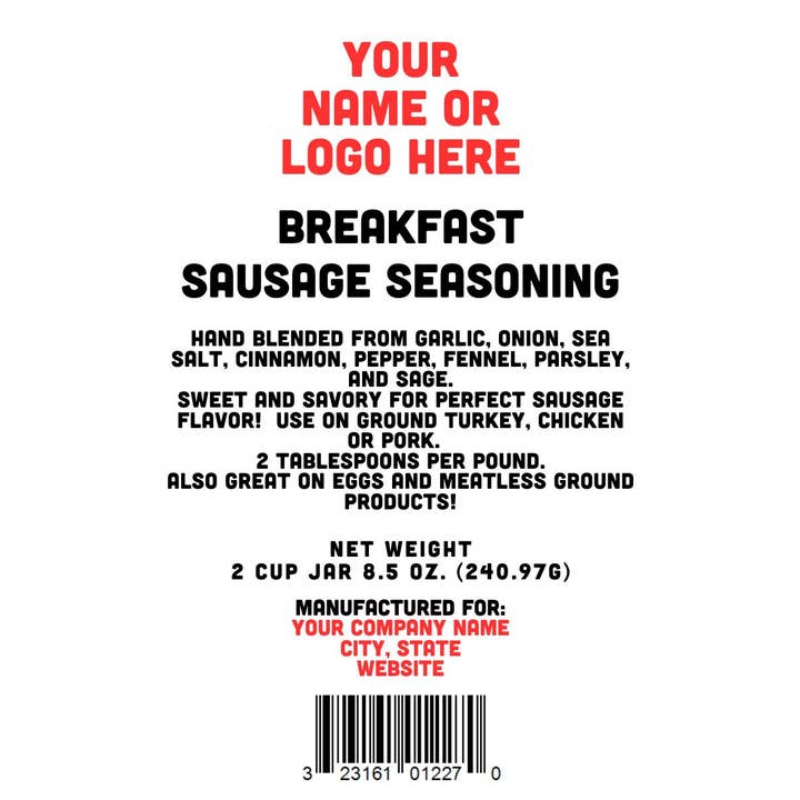 Breakfast Sausage Seasoning - Custom Logo - 2 Cup Jar for wholesale by Rachel's Spice Company