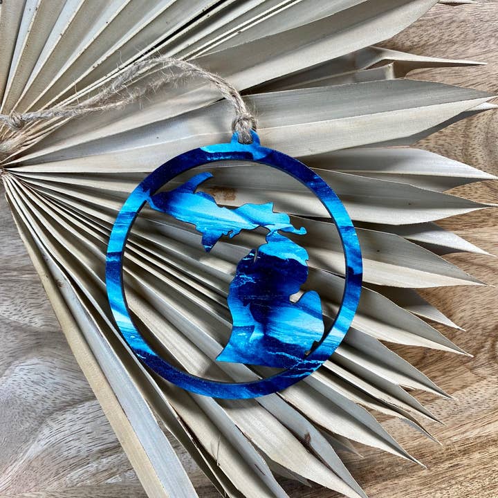 Feather and Birch - Wholesale Ornament - Michigan Blue Water Waves Round Wood Ornament