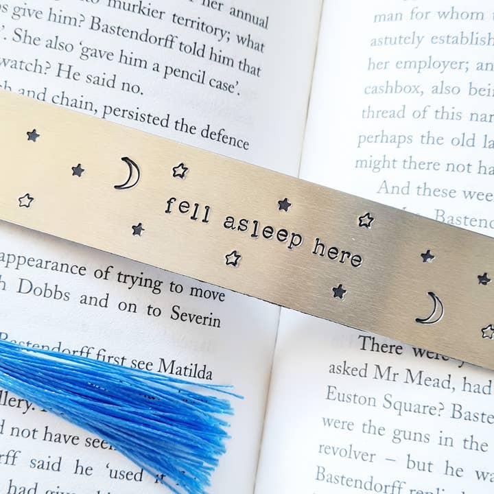 Fell Asleep Here - Hand Stamped Metal Bookmark for wholesale by Enchanted Endings
