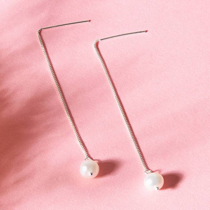 Long Silver Pearl Earrings for wholesale by Lucent Studios Ltd