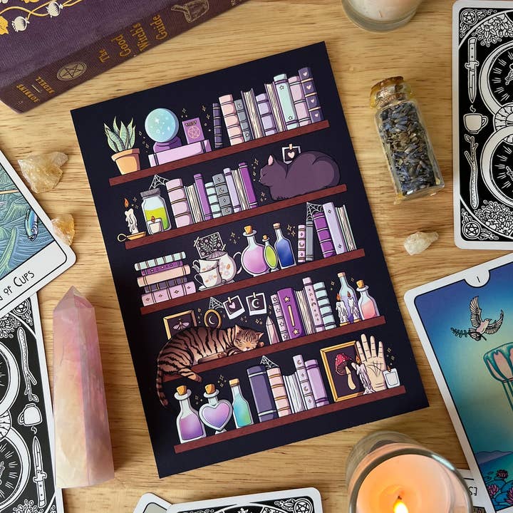 Chapter & Claw Studio - Wholesale Art Print - Witchy Bookshelf Art Print0