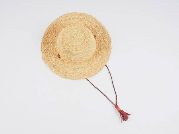 The African Home Goods - Wholesale Straw Hat - Women's - Ghanaian Straw Hats With Wide Brim Leather Strap- Natural. Size:22-25" Cap.1