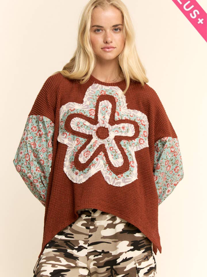 PLUS WAFFLE KNIT MULTI-FLOWER PRINT SLEEVES TOP for wholesale by Davi & Dani