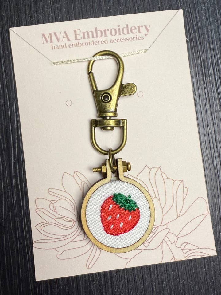 Hand Embroidered Strawberry Keychain | Bag Charm for wholesale by MVA Embroidery