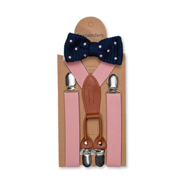 Pink suspenders with blue bow tie for wholesale by Olivia & Oliver