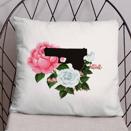 Pistol and Petals Dry Fire Pillow for wholesale by Armed In Style