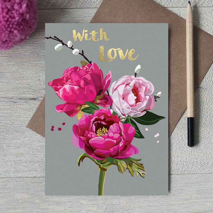FF 08 - With Love Gold Foiled Peonies Greeting Card for wholesale by Sarah Kelleher