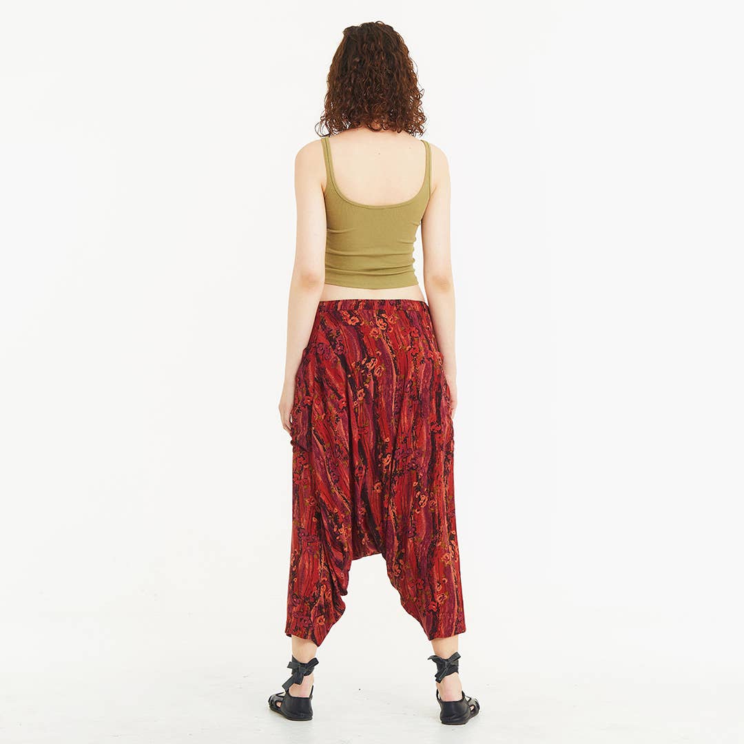 Los Banditos - Wholesale Pants - Women's - Red Patterned Elastic Waist Capri Harem Pants5