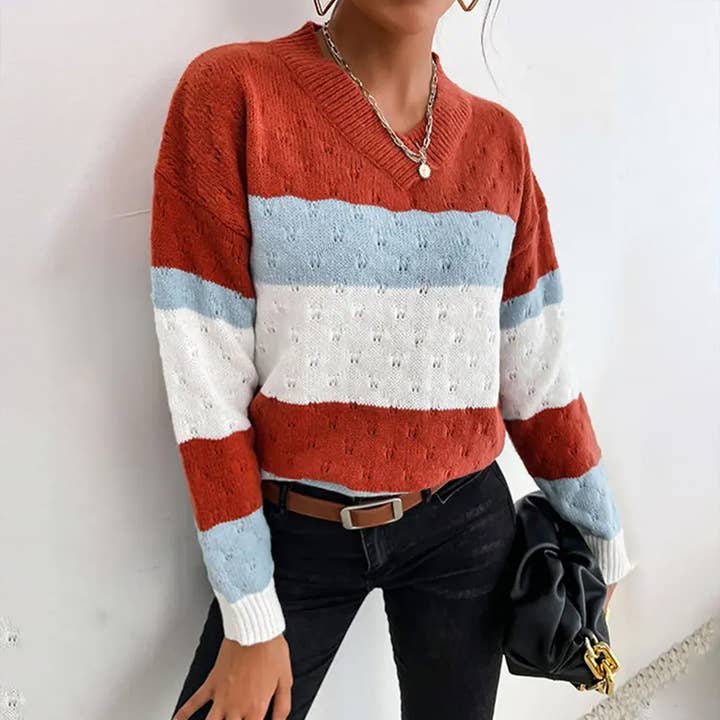 CWOSWL0239_PATTERN KNIT STRIPE CASUAL SWEATER TOP for wholesale by Lily Clothing