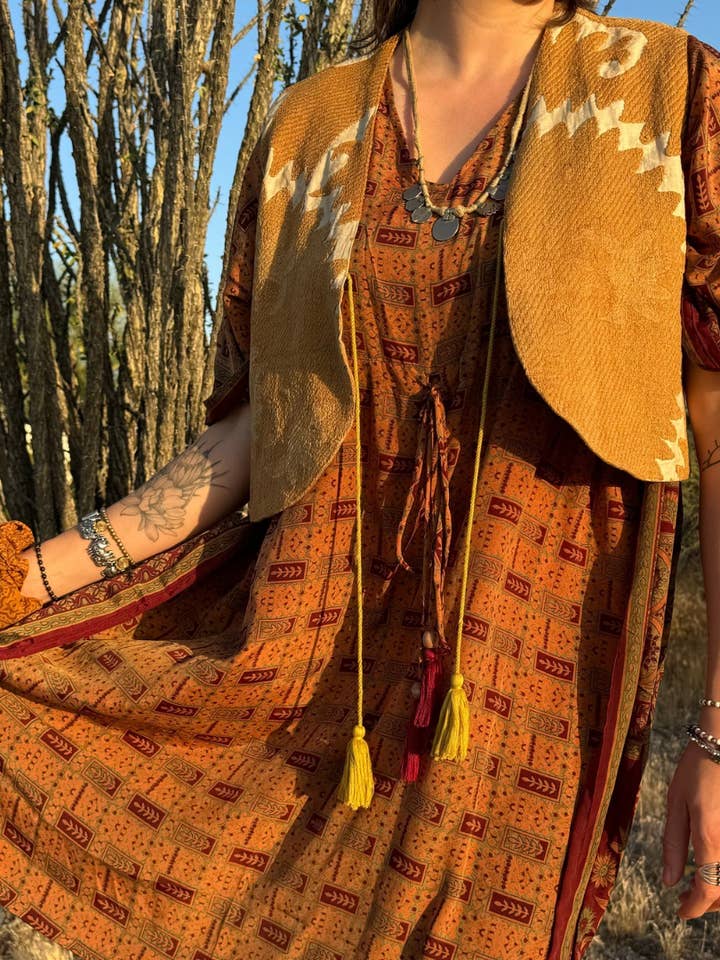 Wylder Trading Company - Wholesale Outerwear Vest - Women's - Boho Western Fringe Cowgirl Hippie Vest Leather Kantha5