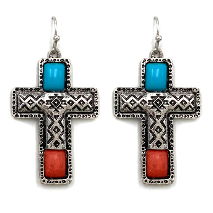 Orecchini con motivo azteco nativo a forma di croce turchese arancione per la vendita all'ingrosso da parte di Lunar Deer