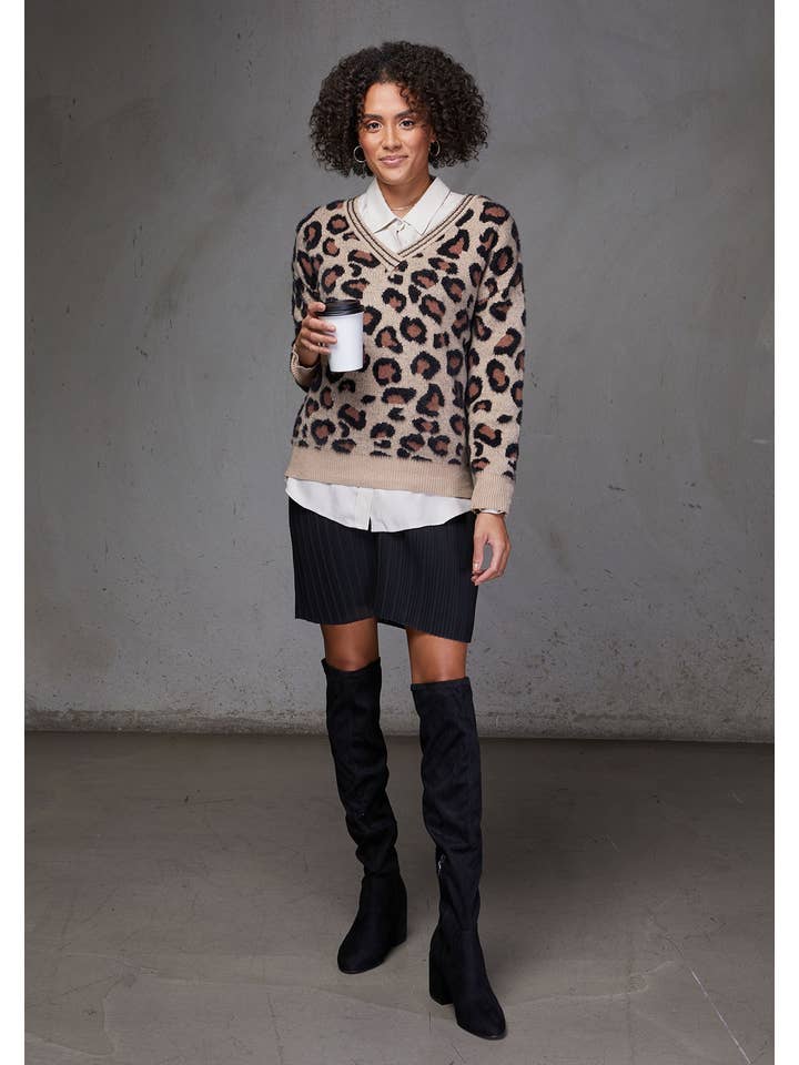 Leopard V Neck Pullover Sweater for wholesale on Faire